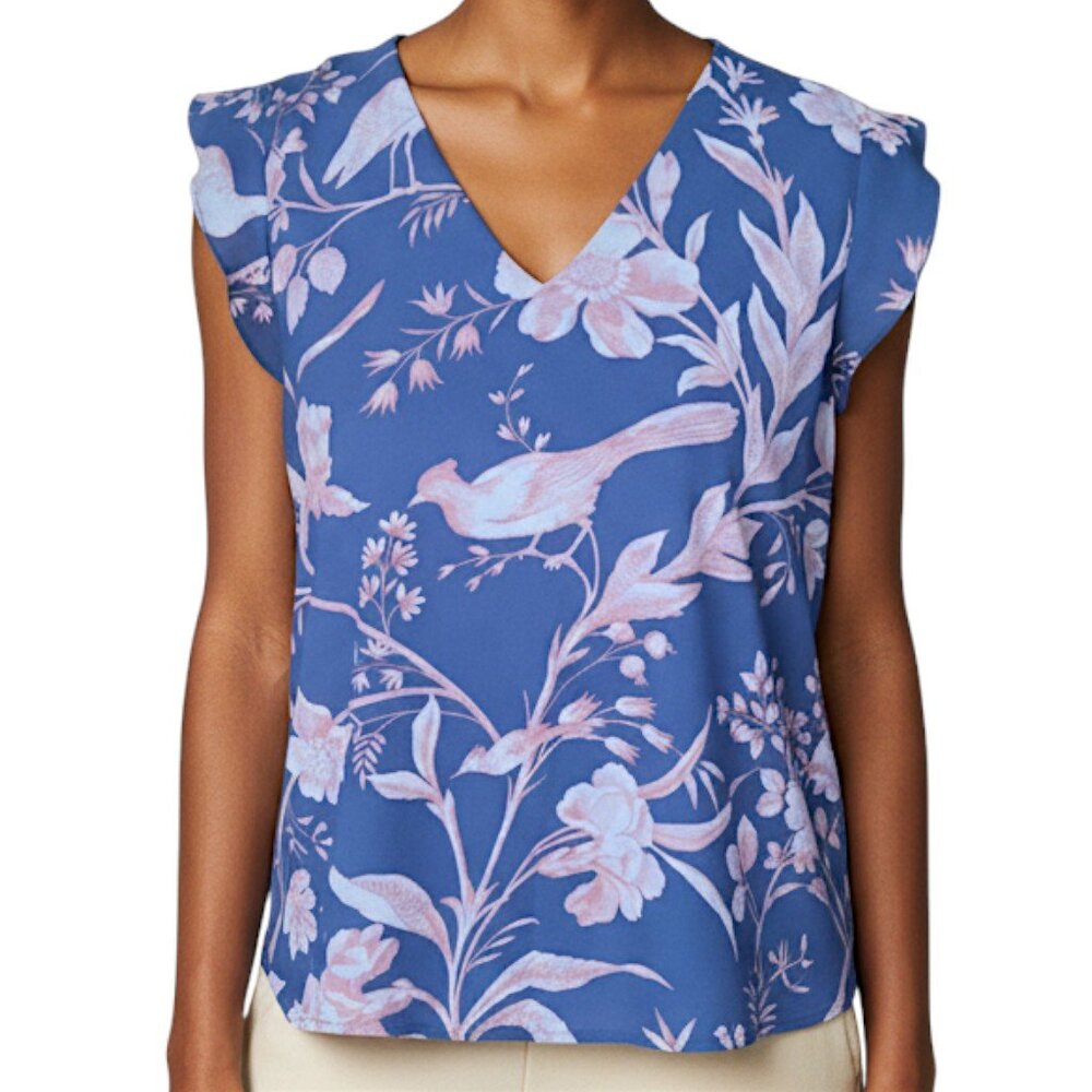 LOFT Blue Floral & Bird V-Neck Cap Sleeve Top